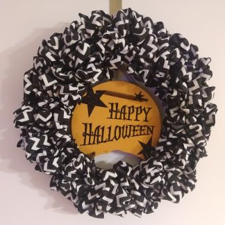 Black and White Happy Halloween Ribbon Wreath
